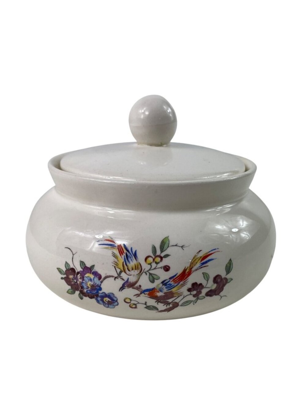 Vintage Norsk Flint Egersund Ceramic Lidded Jar Hand Painted Floral/Bird Design